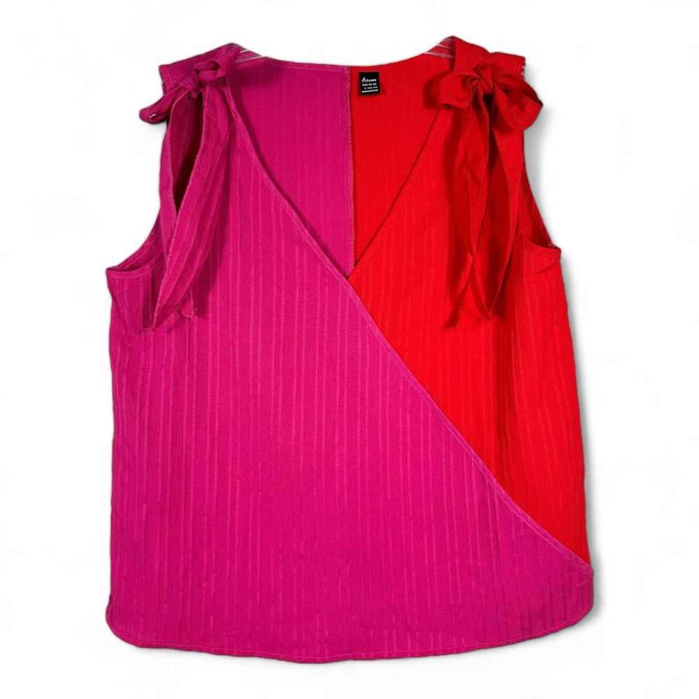 Sason Womens Red Pink Color Block Tie Shoulder V-Neck Wrap Blouse Top Large